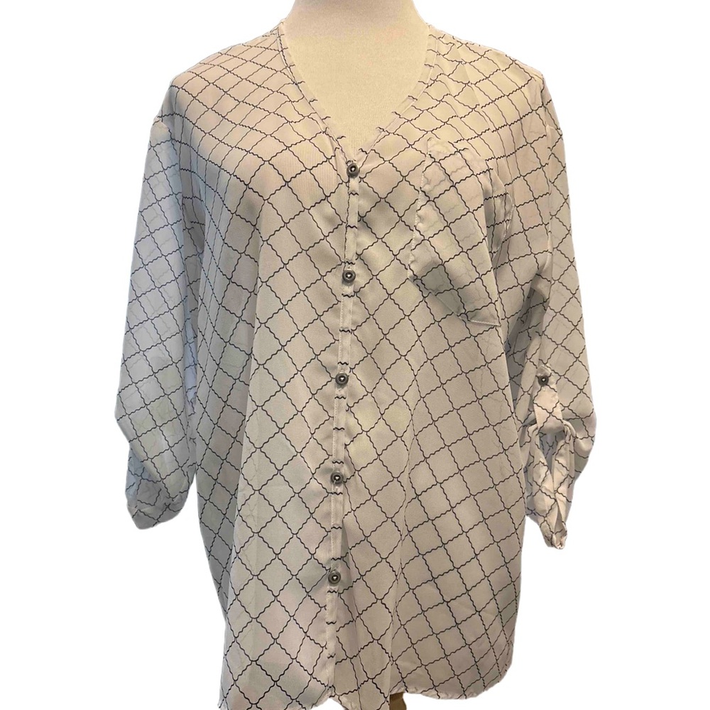 CAbi White and Black Checkered Blouse